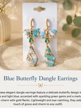 Turquoise & White Butterfly Dangle Earrings with Gold Accents